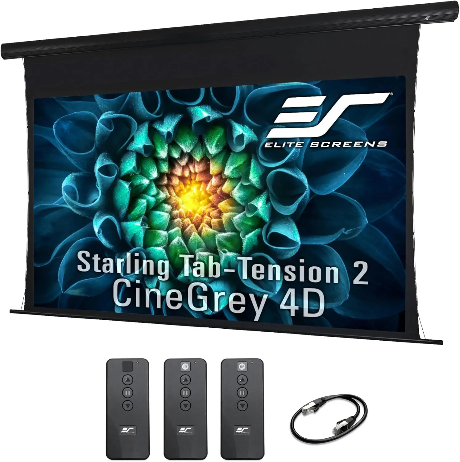 Elite Screens Starling Tab-Tension 2 CineGrey 4D, 106" Diag., 16:9, 4K/8K Ultra HD Ceiling Ambient Light Rejecting (CLR/ALR) Tab-Tensioned Electric Drop Down Front Projector Screen, STT106UHD4-E12