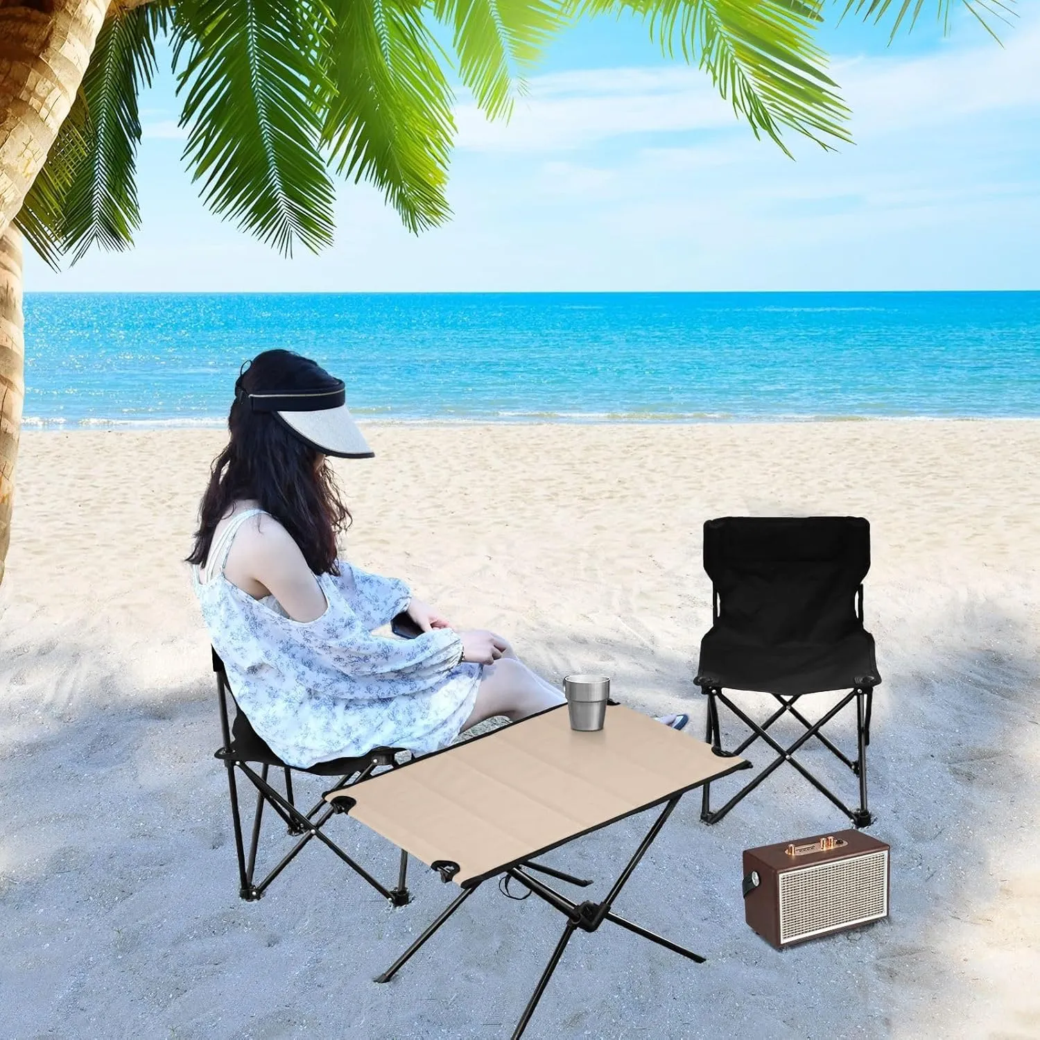 Emelivor Peach Beige Folding Camping Table Portable Beach Table with Carry Bag Small Foldable Table for Camping Picnic Cooking Travel Outdoor