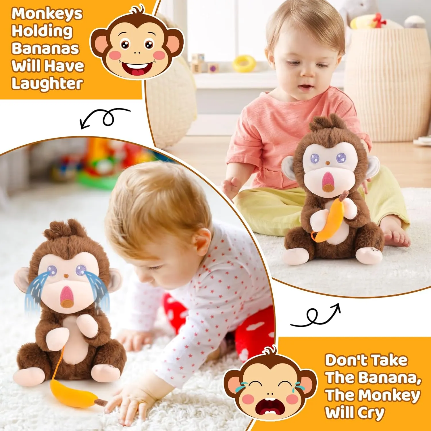 Emoin Monkey Stuffed Animals The Playful Monkey Interactive Toy, Angry Monkey Plush Don't Take His Banana Interactive Monkey Banana Realistic Plush Kids Toy
