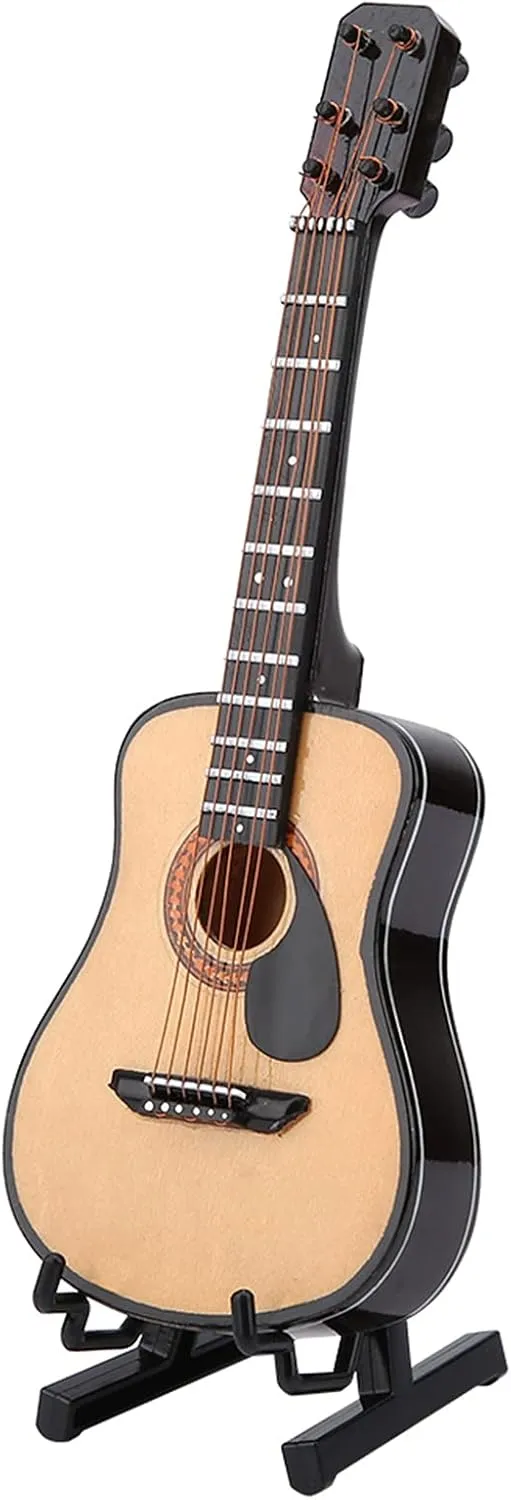 Estink Miniature Guitar Model, Miniature Wooden Guitar Model Display with Stand and Storage Box, Mini Musical Ornaments Craft Home Decor Miniature Dollhouse Display Accessories (16cm)