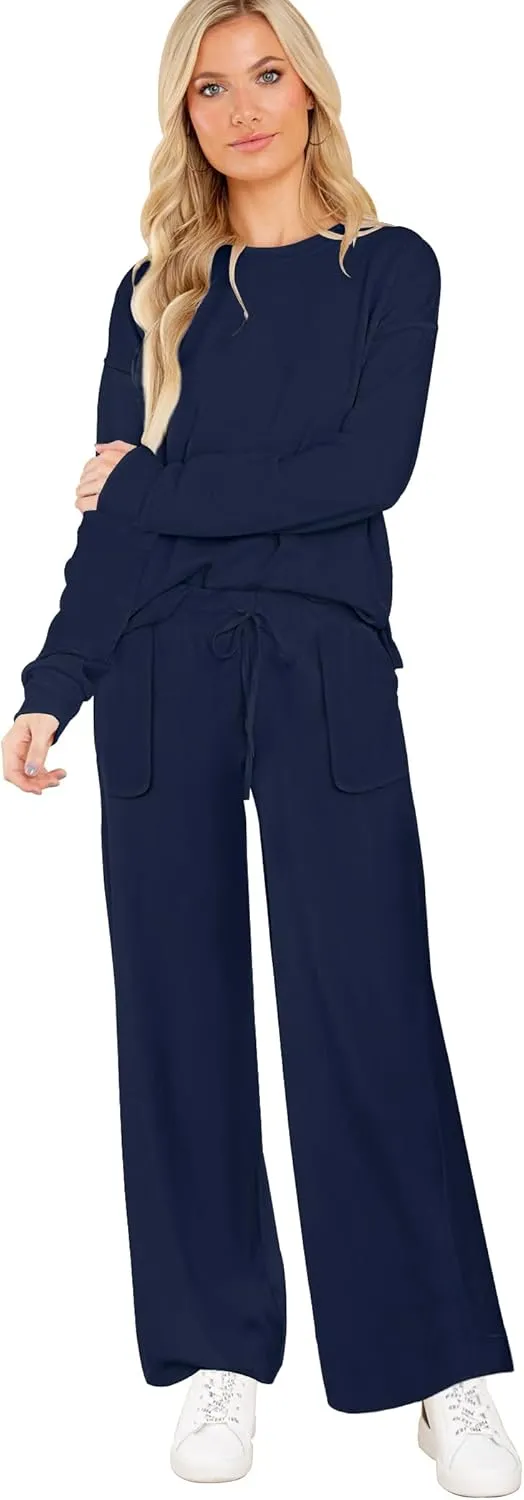 ETCYY NEW Lounge Sets for Women 2 Piece Outfits with Side Split Sweatshirt Tops and Wide Leg Sweatpants