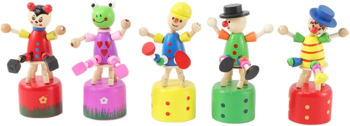 EXCEART 5pcs Wooden Push up Toy Finger Puppets Thumb Press Base Wooden Clown Puppets for Home Office Desk Decoration
