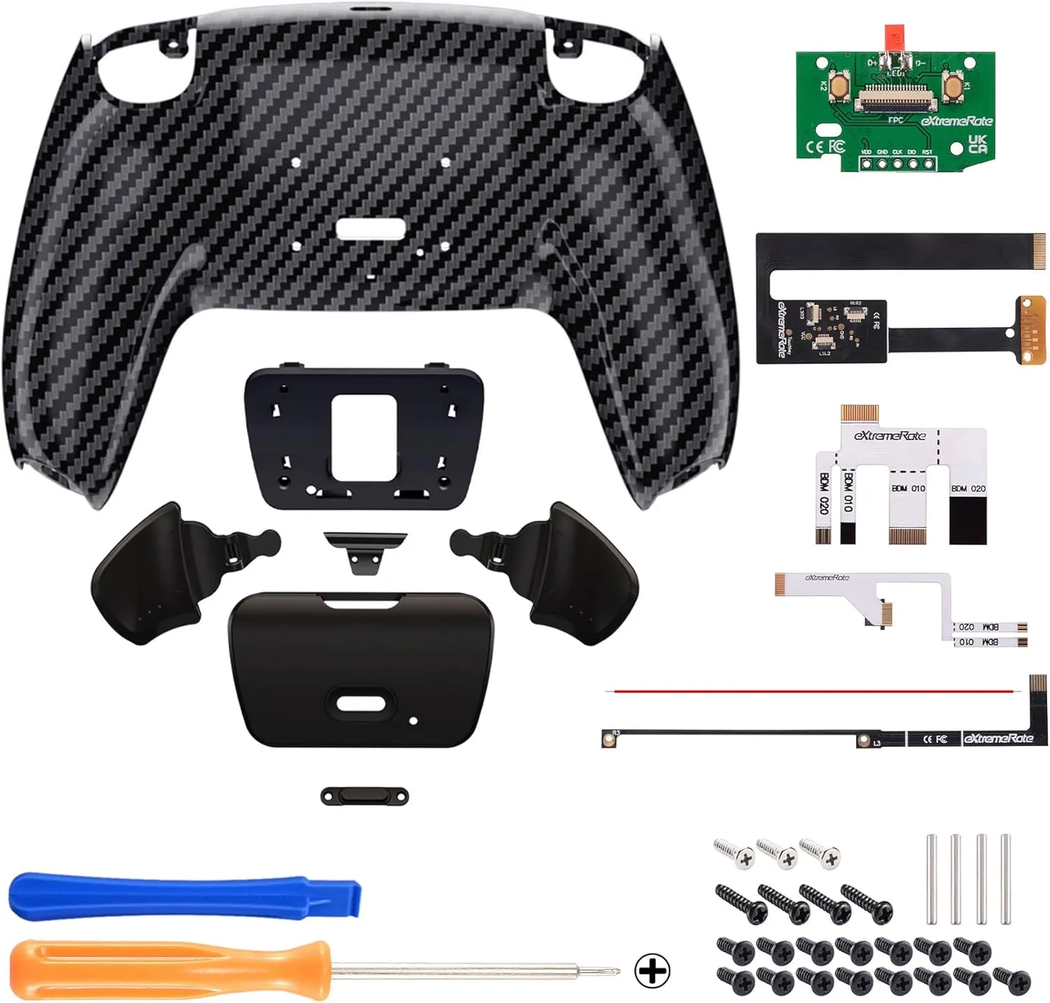 eXtremeRate Graphite Carbon Fiber Pattern Programmable Rise 2.0 Remap Kit for PS5 Controller - BDM-010 020, Upgrade Board & Redesigned Bottom Shell & 2 Back Buttons Attachment Set - Without Controller