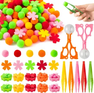 EZdhuawuse Summer Flowers Sensory Bin Fillers - 268P Back to School Flower Fine Motor Toys Color Counting Sorting Set for Kids, Felt Colorful Decor Pom Poms Cup Clip for Preschool Education Activities