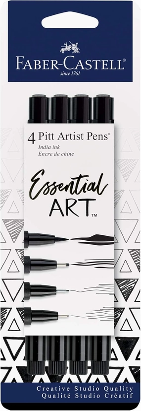 Faber-Castell Pitt Artist Pens Essential Set - 4 Black Markers, Variety of Nibs