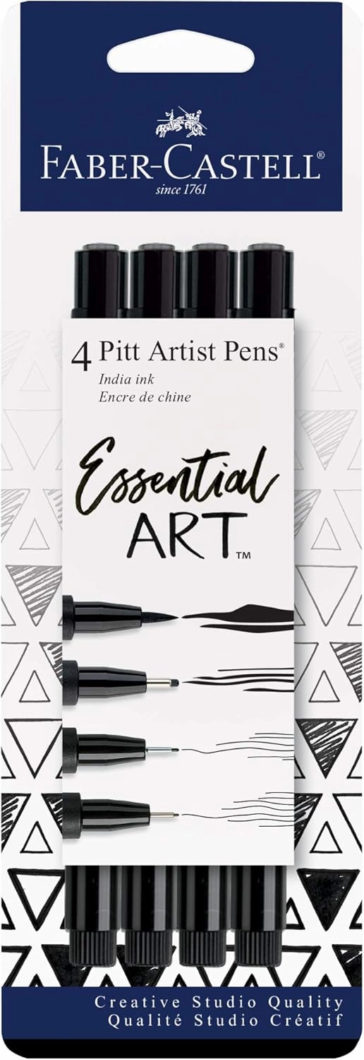 Faber-Castell Pitt Artist Pens Essential Set - 4 Black Markers, Variety of Nibs