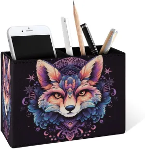 Famame Colorful Mandala Fox Pencil Holder for Desk, Leather Desktop Container Pen Cup Storage Study Table Pen Organizer Makeup Brush Holder for Classroom Office Home