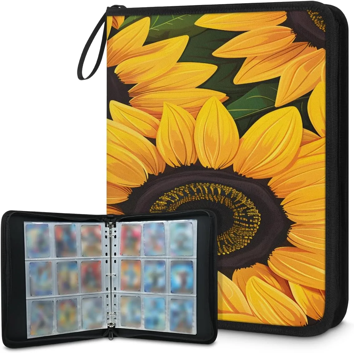 Fantastic Sunflowers 3 Ring Trading Zipper Binder Strap, Trading Card Binder 9 Pocket, 900 Pockets Card Holder with 50 Removable Sleeves for Game Cards