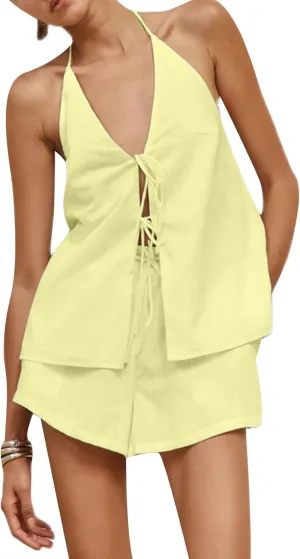 FEORJGP Womens Y2K 2 Piece Shorts Set Tracksuit Halter Neck Tie Up Tank Tops with Shorts 2PCs Clothes Set Summer Streetwear