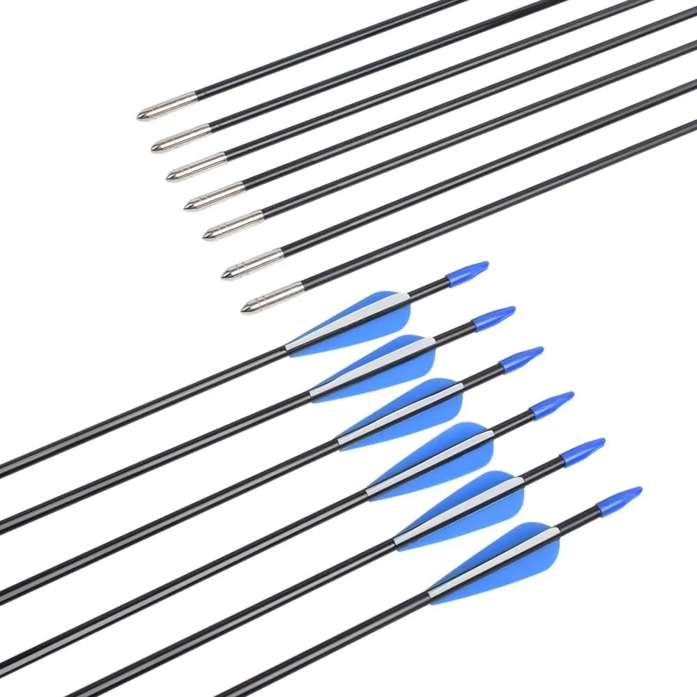 Fiberglass Arrows Archery 24 26 28 30 Inch Target Shooting Practice Safetyglass with Blue and White Vane for Recurve Bows Suitable for Youth Children Woman Beginner 6/12 PCS