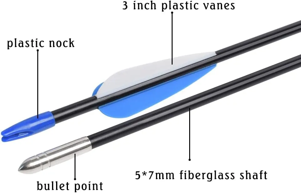 Fiberglass Arrows Archery 24 26 28 30 Inch Target Shooting Practice Safetyglass with Blue and White Vane for Recurve Bows Suitable for Youth Children Woman Beginner 6/12 PCS