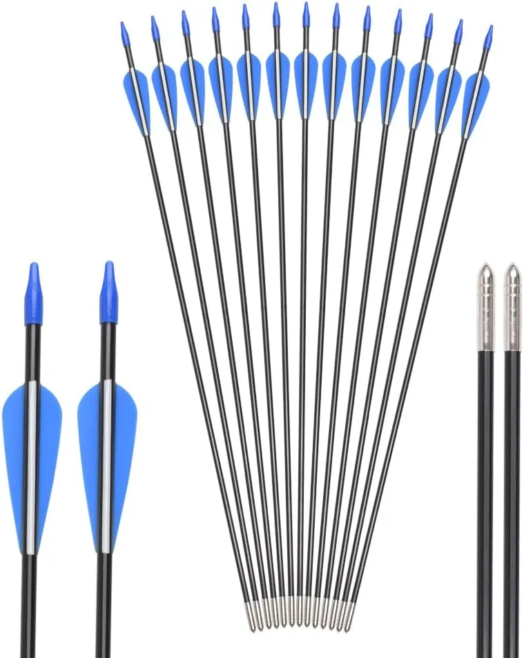 Fiberglass Arrows Archery 24 26 28 30 Inch Target Shooting Practice Safetyglass with Blue and White Vane for Recurve Bows Suitable for Youth Children Woman Beginner 6/12 PCS