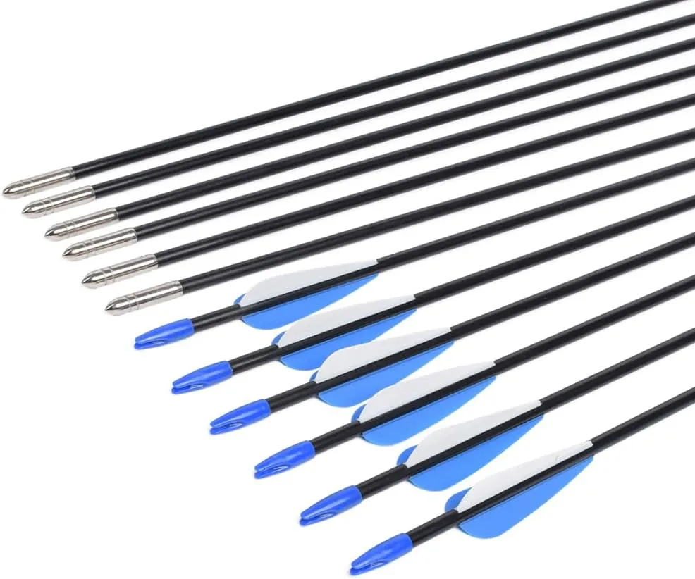 Fiberglass Arrows Archery 24 26 28 30 Inch Target Shooting Practice Safetyglass with Blue and White Vane for Recurve Bows Suitable for Youth Children Woman Beginner 6/12 PCS