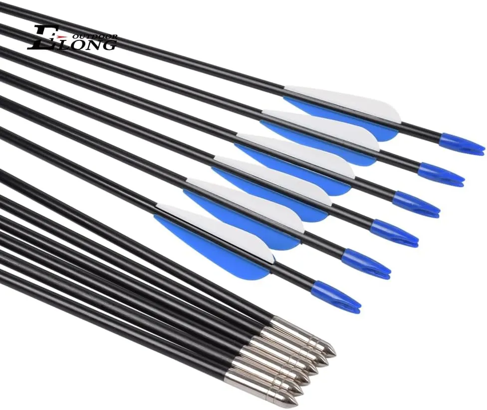 Fiberglass Arrows Archery 24 26 28 30 Inch Target Shooting Practice Safetyglass with Blue and White Vane for Recurve Bows Suitable for Youth Children Woman Beginner 6/12 PCS