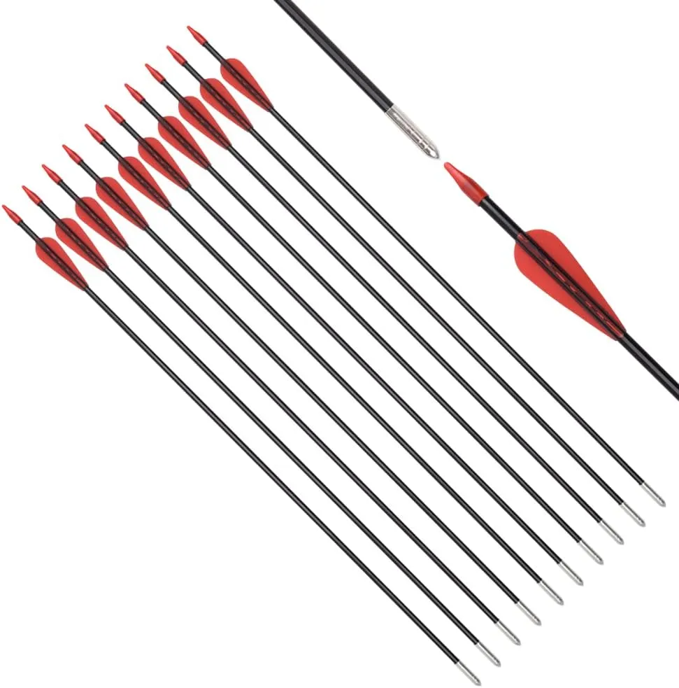 Fiberglass Arrows Archery 24 26 28 30 Inch Target Shooting Practice Safetyglass with Red Spots Vanes for Recurve Bows Suitable for Youth Children Woman Beginner 6/12 PCS