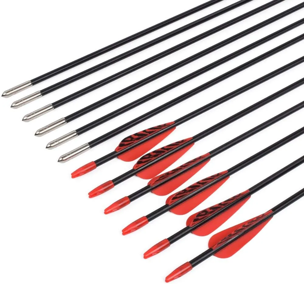 Fiberglass Arrows Archery 24 26 28 30 Inch Target Shooting Practice Safetyglass with Red Spots Vanes for Recurve Bows Suitable for Youth Children Woman Beginner 6/12 PCS