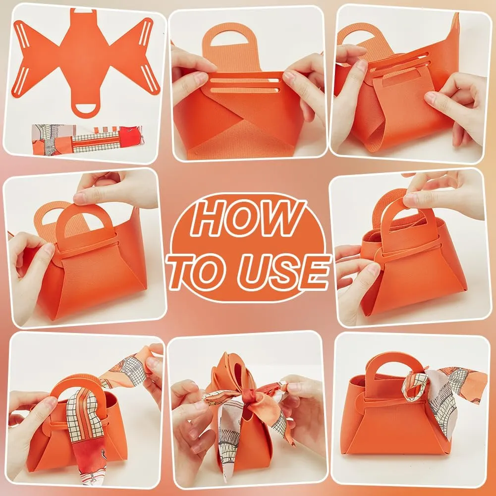 FINGERINSPIRE 12 Pack PU Leather Gift Box with Handle & Ribbons 4.7x2x5.1inch Dark Orange Small Handbag Candy Gift Box Reusable Gift Wrap Box for Baby Shower Wedding Birthday Anniversary Valentine's