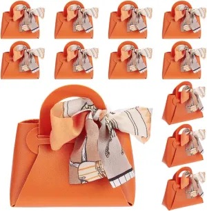 FINGERINSPIRE 12 Pack PU Leather Gift Box with Handle & Ribbons 4.7x2x5.1inch Dark Orange Small Handbag Candy Gift Box Reusable Gift Wrap Box for Baby Shower Wedding Birthday Anniversary Valentine's