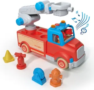 Fire Truck Toy for Kids with Lights and Siren Sounds, Fire Engine Vehicle with Rotating Rescue Ladder, Removable Accessories and Two Figures, Birthday Gift for 18M  2 3 4 5 Years Old Toddler