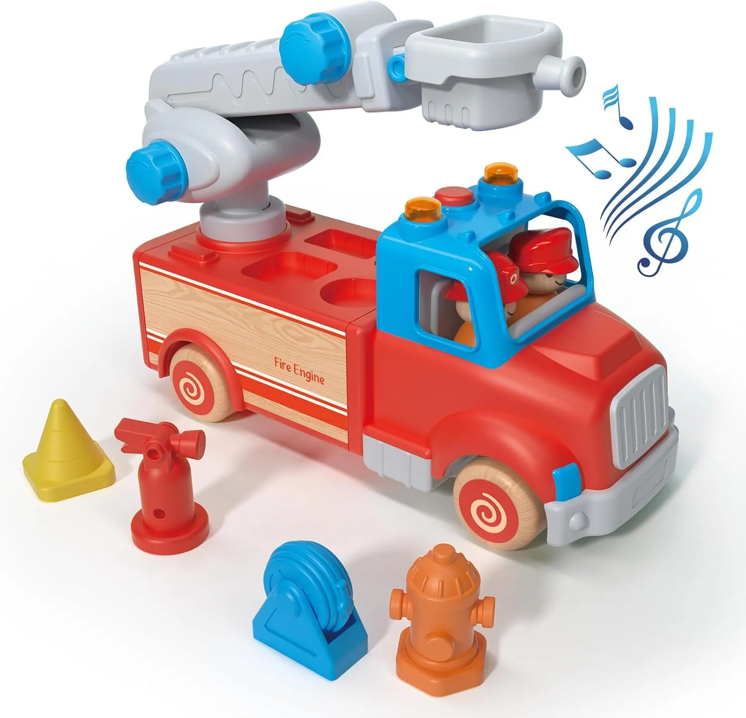Fire Truck Toy for Kids with Lights and Siren Sounds, Fire Engine Vehicle with Rotating Rescue Ladder, Removable Accessories and Two Figures, Birthday Gift for 18M  2 3 4 5 Years Old Toddler