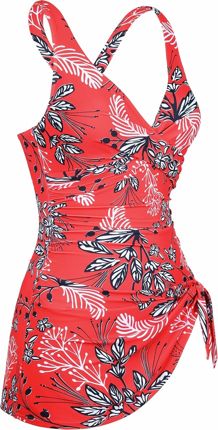 Firpearl Women's Underwire One Piece Swimdress Tummy Control Slimming Swim Dresses Criss Cross V Neck Skirt Bathing Suit