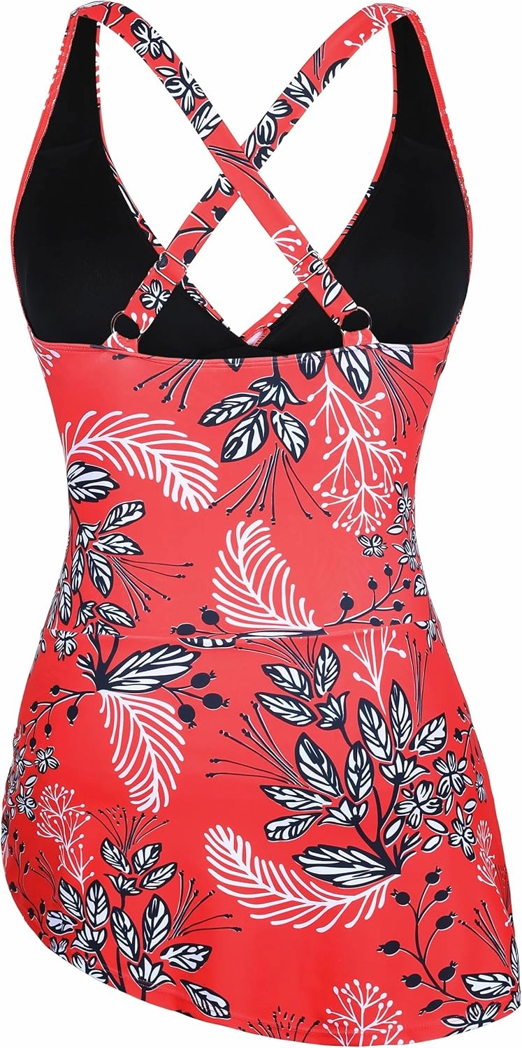 Firpearl Women's Underwire One Piece Swimdress Tummy Control Slimming Swim Dresses Criss Cross V Neck Skirt Bathing Suit