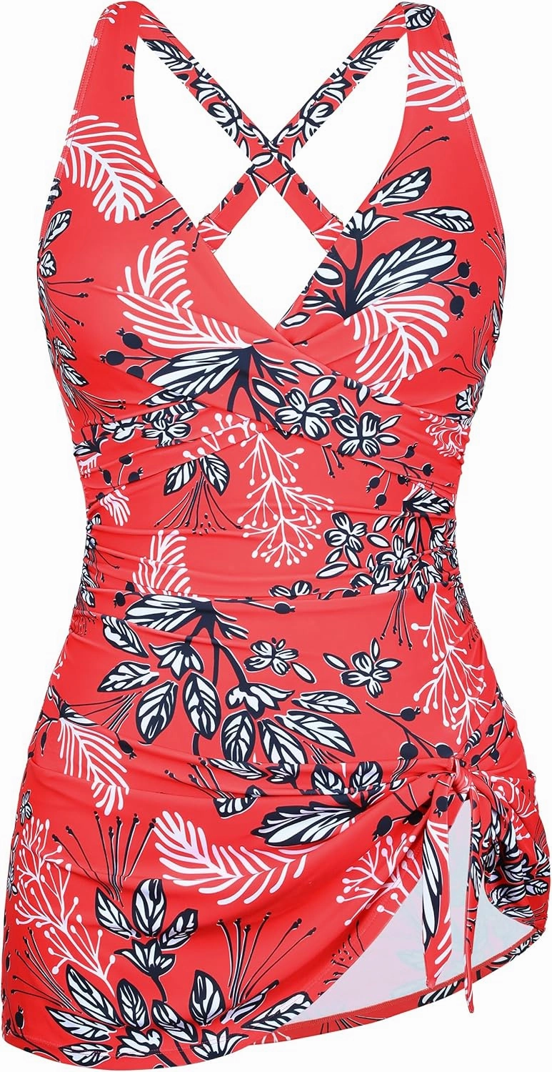 Firpearl Women's Underwire One Piece Swimdress Tummy Control Slimming Swim Dresses Criss Cross V Neck Skirt Bathing Suit