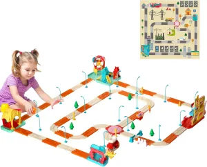 Fisca Slot Car Race Track Sets, 200pcs Flexible Themed City Cars Track Sets for Toddlers with Cars, Toddler Electric Race Raceway Toy for Aged 3 