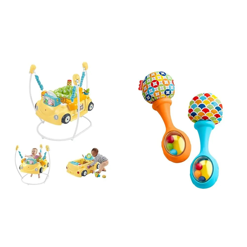 Fisher-Price Baby to Toddler Learning Toy 2-in-1 Servin’ Up Fun Jumperoo Activity Center & Newborn Toys Rattle 'n Rock Maracas, Set of 2 Soft Musical Instruments for Babies 3  Months