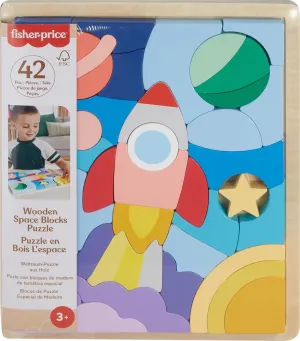 Fisher-Price Wood Preschool Toy Space Blocks Jigsaw Puzzle, 42 Wooden Pieces for Stacking & Sorting Play Kids Ages 3  Years