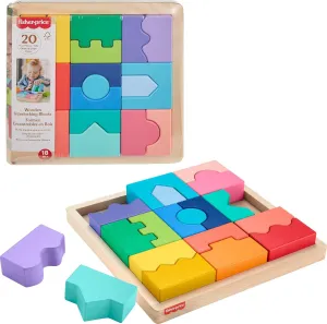 Fisher-Price Wood Toddler Toy Interlocking Blocks Stacking Jigsaw Puzzle with 20 Wooden Pieces for Kids Ages 18  Months