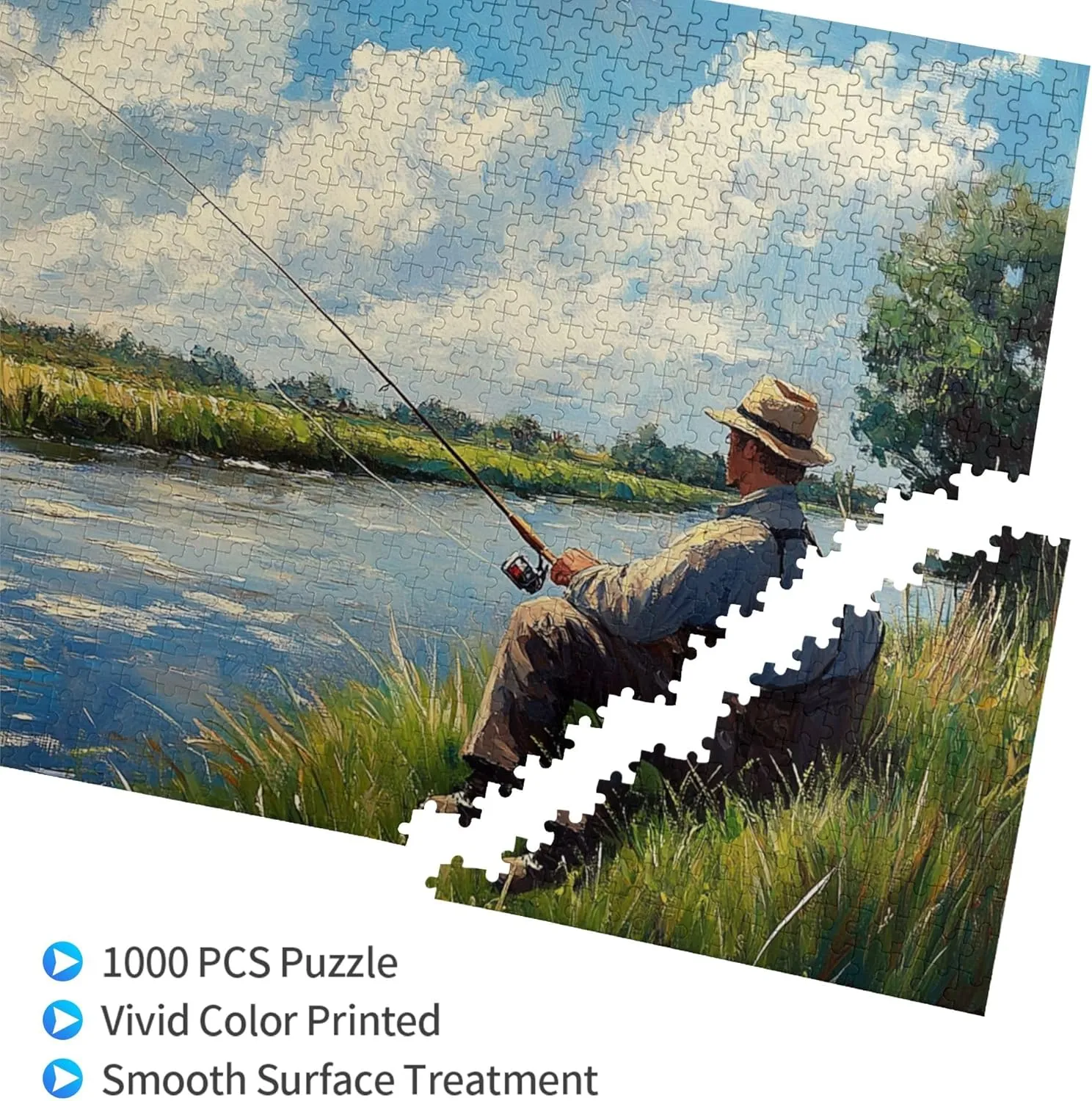 Fishing Enthusiast, 1000 pcs challenging Wooden Puzzles, Modern Art in Oil Painting Style, Suitable for Holiday Entertainment Games, can be Given to Friends, Couples, and Family