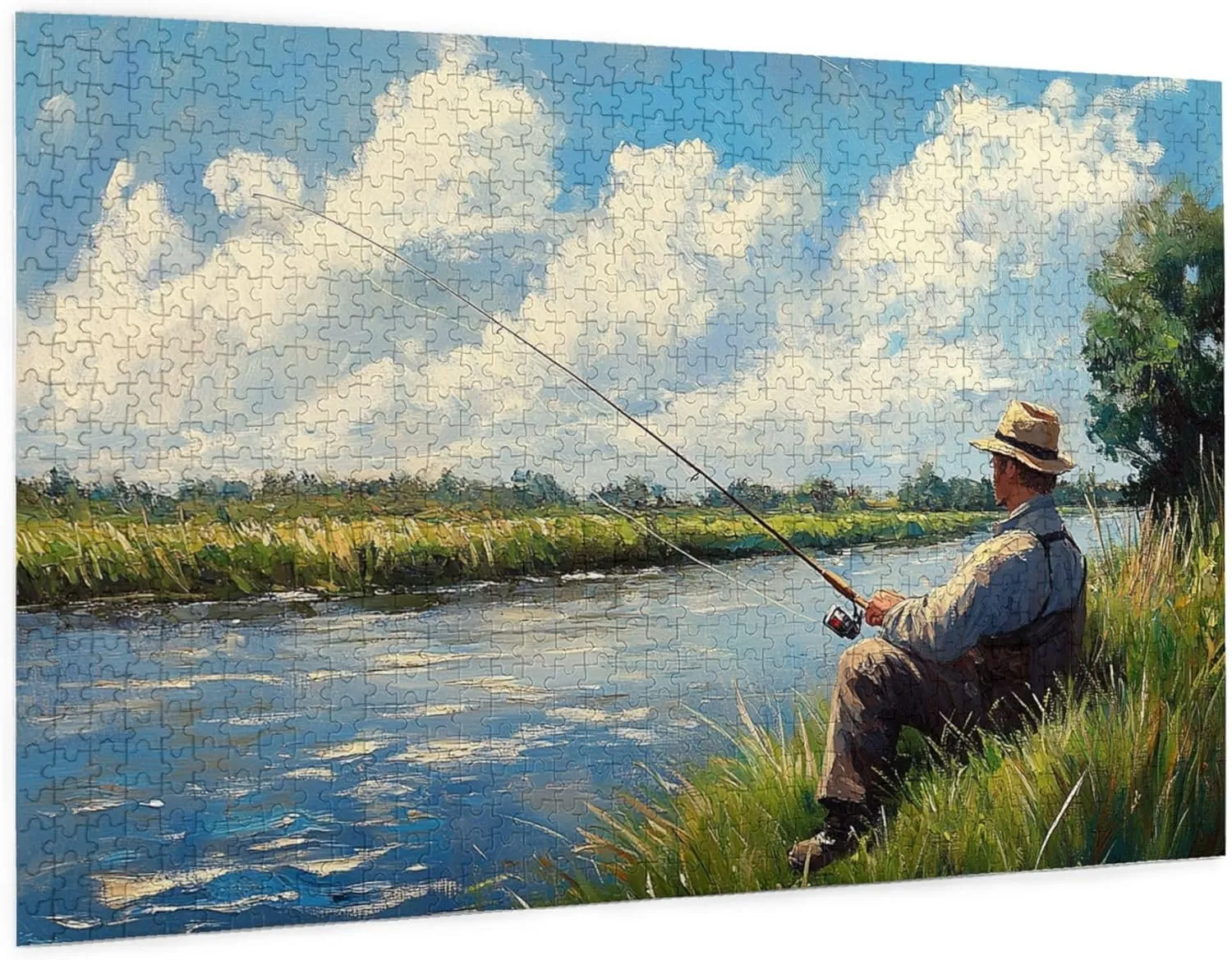Fishing Enthusiast, 1000 pcs challenging Wooden Puzzles, Modern Art in Oil Painting Style, Suitable for Holiday Entertainment Games, can be Given to Friends, Couples, and Family