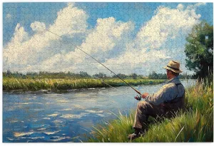 Fishing Enthusiast, 1000 pcs challenging Wooden Puzzles, Modern Art in Oil Painting Style, Suitable for Holiday Entertainment Games, can be Given to Friends, Couples, and Family
