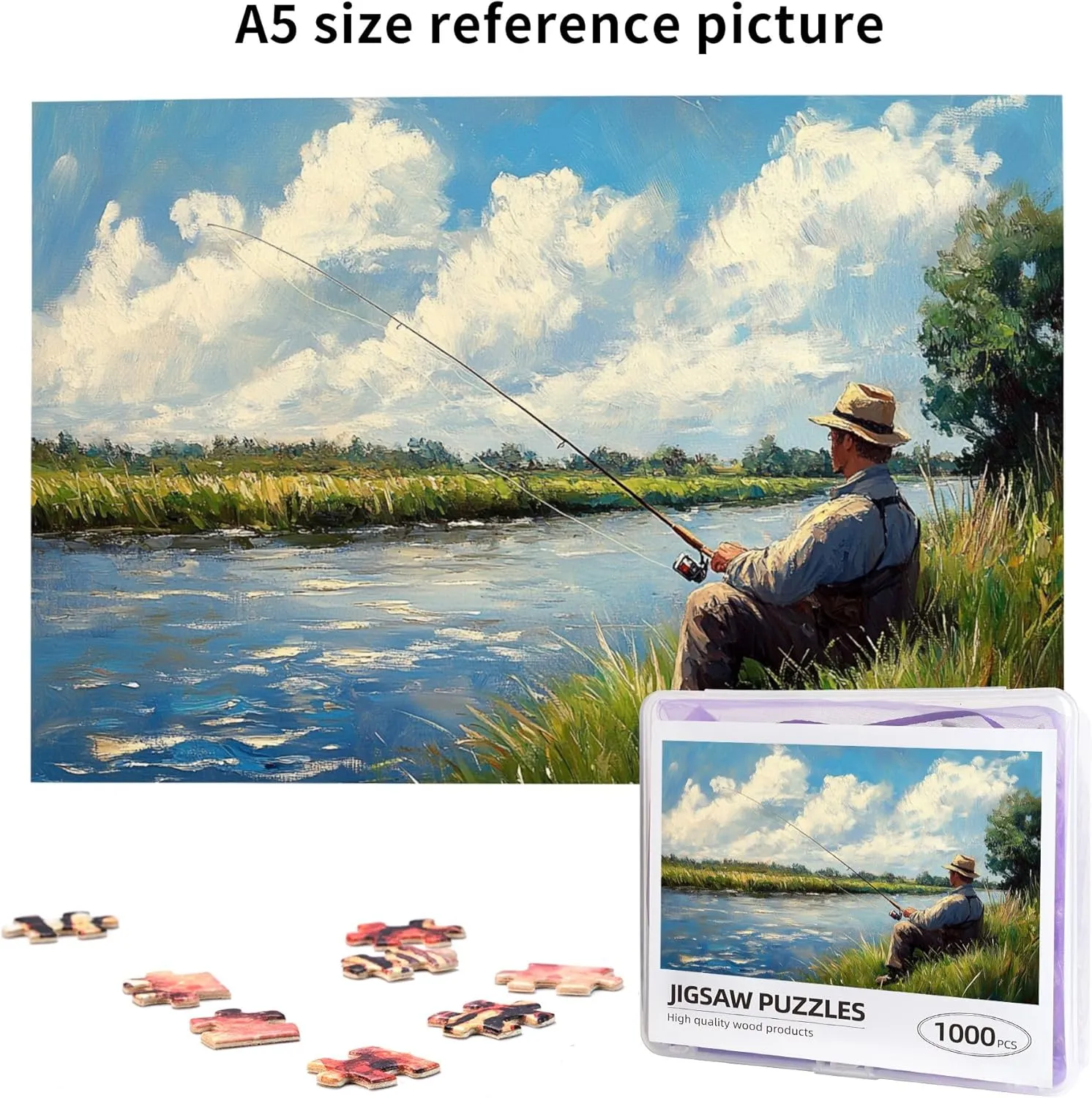 Fishing Enthusiast, 1000 pcs challenging Wooden Puzzles, Modern Art in Oil Painting Style, Suitable for Holiday Entertainment Games, can be Given to Friends, Couples, and Family