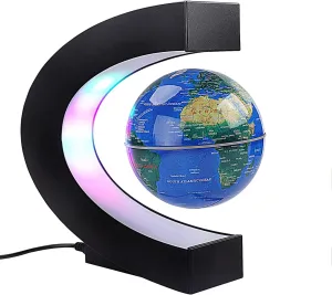 Floating Globe with Colored LED Lights C Shape Anti Gravity Magnetic Levitation Rotating World Map for Gift Home Office Desk Decoration (Blue)