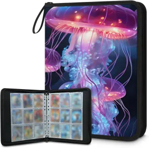 Fluorescent Jellyfishes 3 Ring Trading Zipper Binder Strap, Trading Card Binder 9 Pocket, 900 Pockets Card Holder with 50 Removable Sleeves for Game Cards