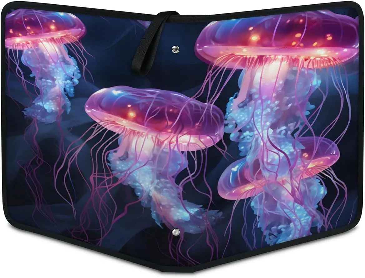 Fluorescent Jellyfishes 3 Ring Trading Zipper Binder Strap, Trading Card Binder 9 Pocket, 900 Pockets Card Holder with 50 Removable Sleeves for Game Cards