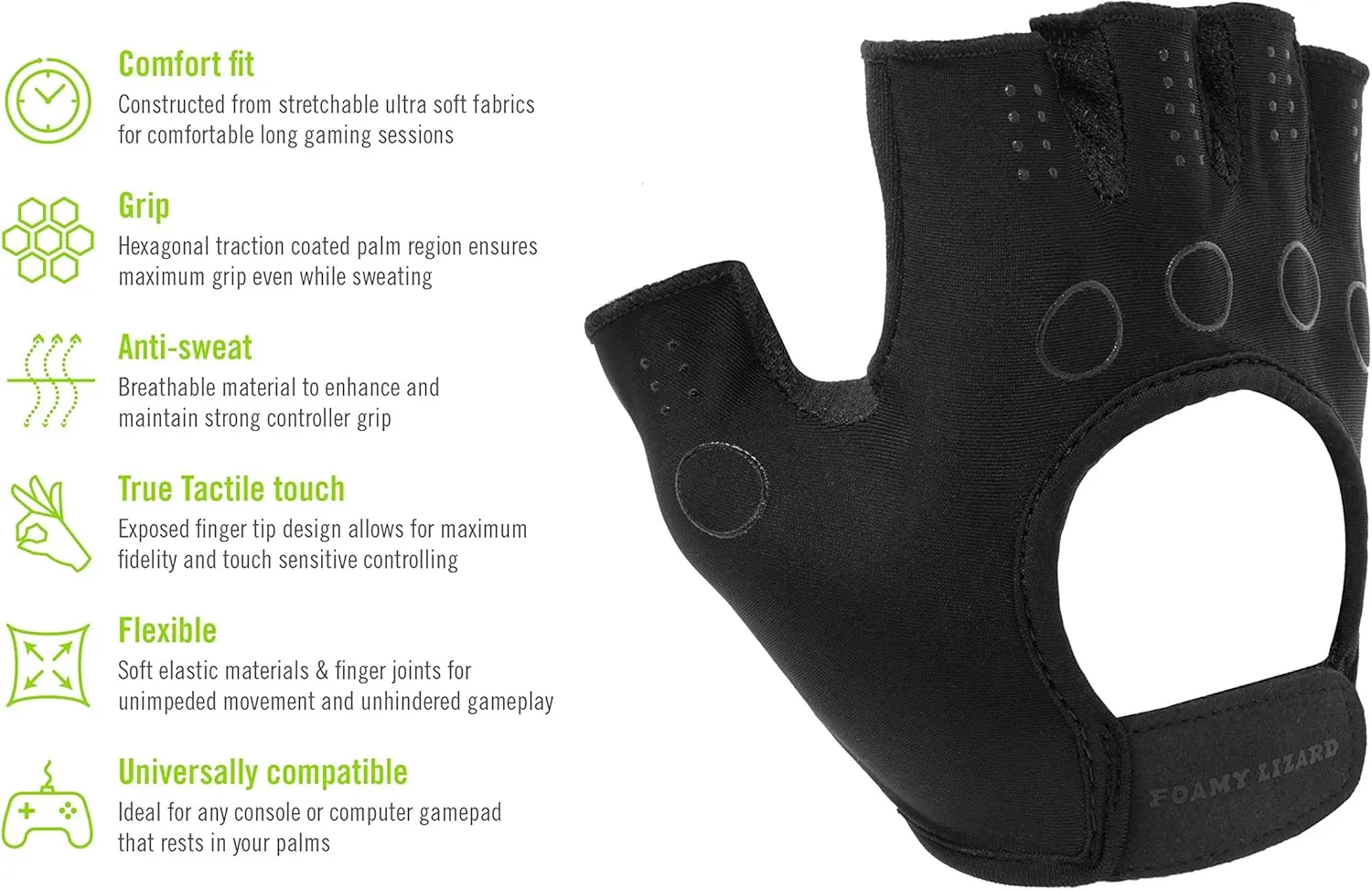 Foamy Lizard Gaming Grip Gloves Hexotech Pro Gamer Anti-Sweat Fingerless Tactical Gloves for Controller Grip Perfect for Xbox Series X, PlayStation 5 Dualsense (Set of 2 Gloves)