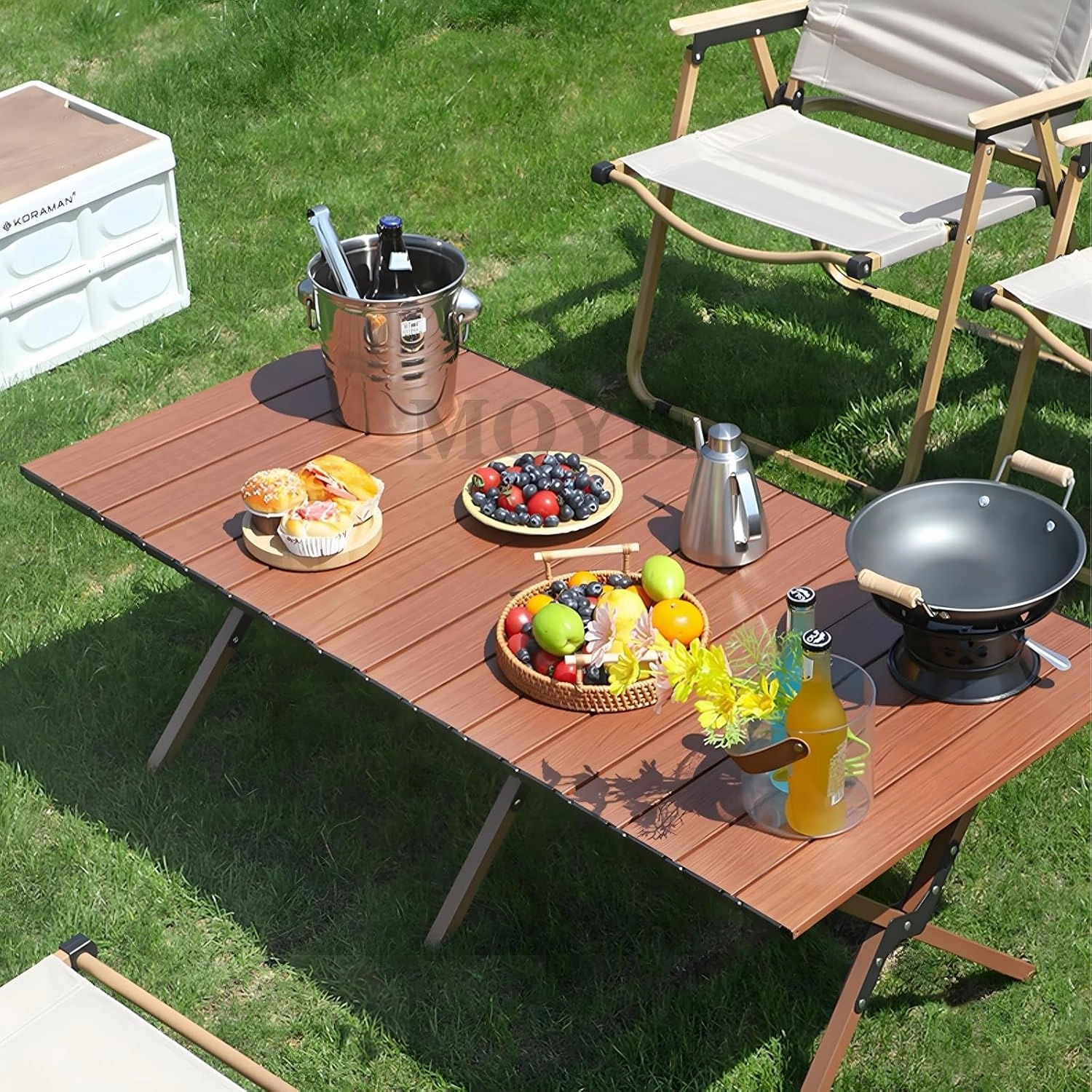 Folding Camping Table, Portable Picnic Table, Low Outdoor Table, Fold Up Collapsible Roll Up Metal Camp with Carry Bag for Beach Party Patio BBQ Travel,Walnut,XL