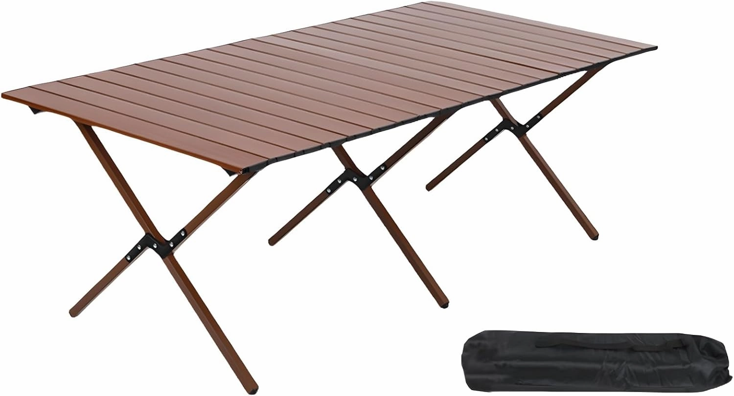 Folding Camping Table, Portable Picnic Table, Low Outdoor Table, Fold Up Collapsible Roll Up Metal Camp with Carry Bag for Beach Party Patio BBQ Travel,Walnut,XL