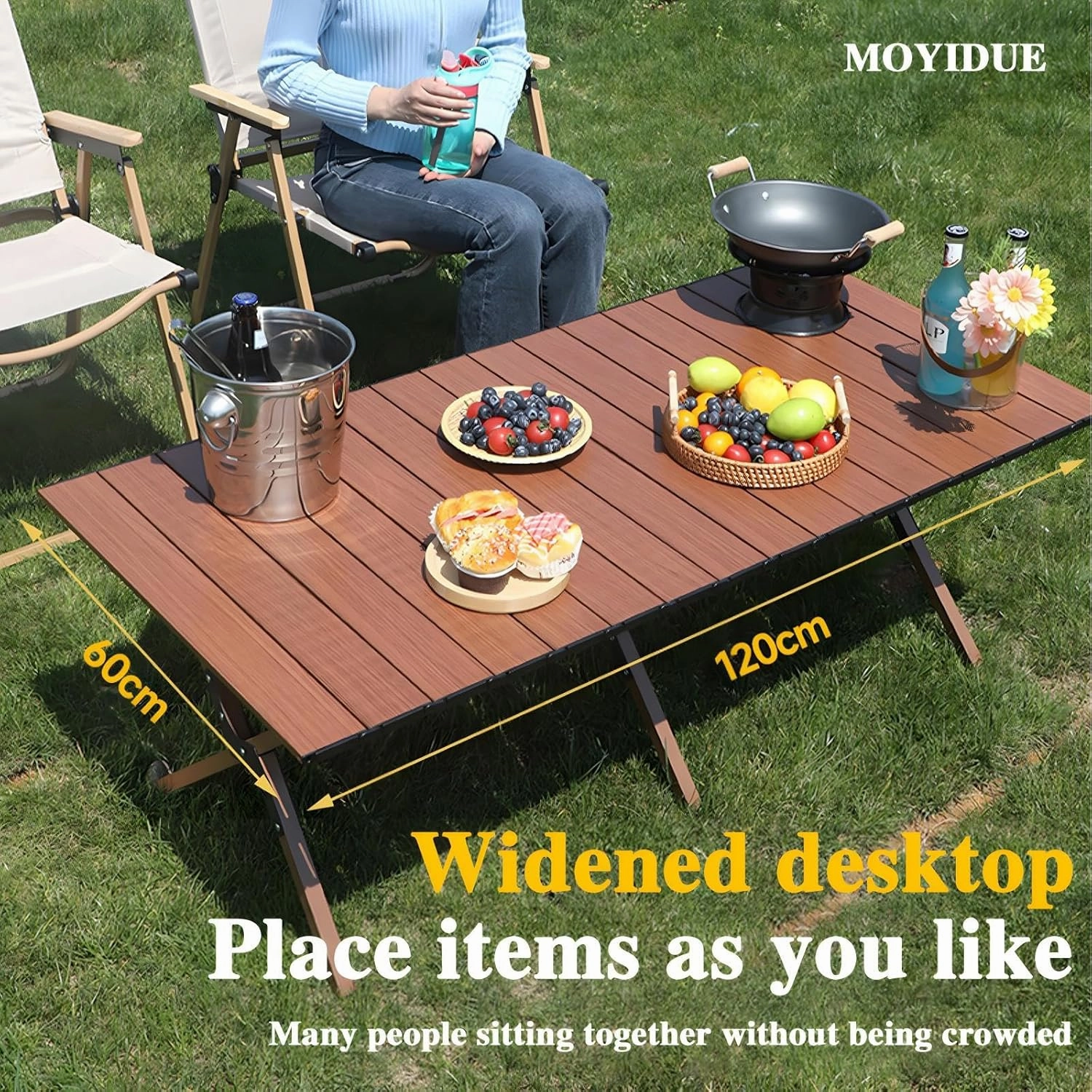 Folding Camping Table, Portable Picnic Table, Low Outdoor Table, Fold Up Collapsible Roll Up Metal Camp with Carry Bag for Beach Party Patio BBQ Travel,Walnut,XL