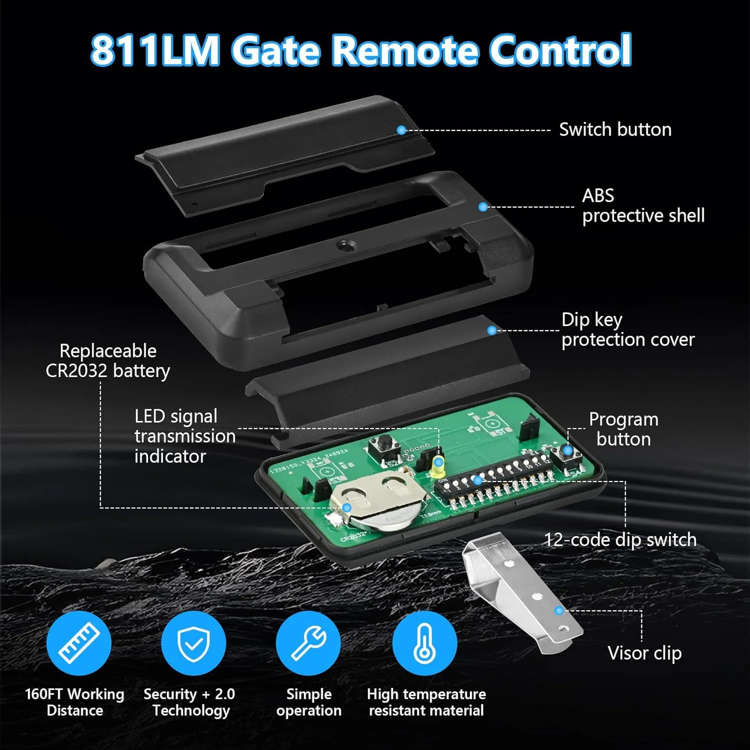 for Liftmaster 811LM Gate Opener Remote,Compatible with Liftmaster Gate Opener, Replacement for Liftmaster 811LMX Remote, Work with 850LM 860LM STAR1000 Receiver, Security  2.0, 12 Dip Switch, 4 Pack