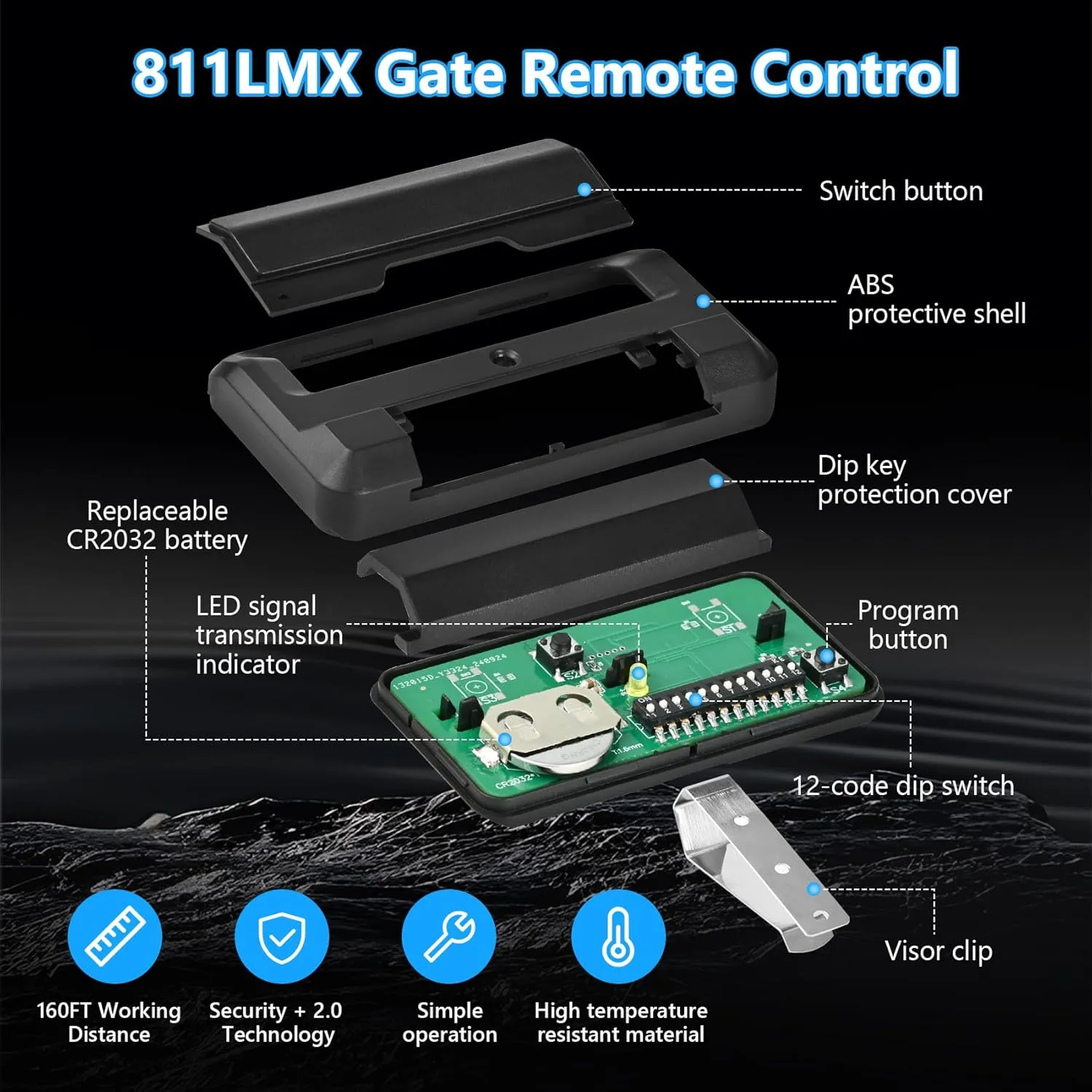 for Liftmaster 811LMX Gate Remote, Compatible with Liftmaster Gate Opener and 850LM 860LM STAR1000 Receiver, Replacement for Liftmaster 811LM Gate Opener Remote, Security  2.0, 12 Dip Switch, 4 Pack