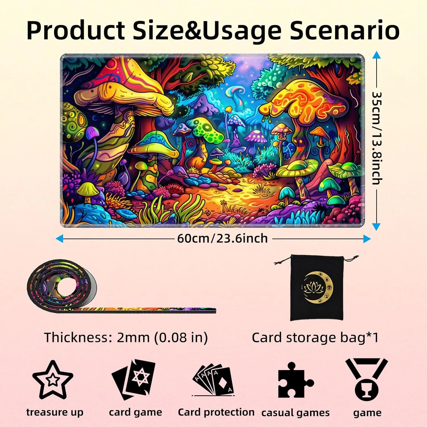 for MTG Playmat in Storage Bag, Commander Board Game Play Mat Desk Pad, Hand-Painted Stitched Edges Aged Map 23.6x13.8 in,Ideal for TCG/MTG/CCG/RPG Game Playmat, Colorful Mushroom