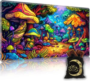 for MTG Playmat in Storage Bag, Commander Board Game Play Mat Desk Pad, Hand-Painted Stitched Edges Aged Map 23.6x13.8 in,Ideal for TCG/MTG/CCG/RPG Game Playmat, Colorful Mushroom