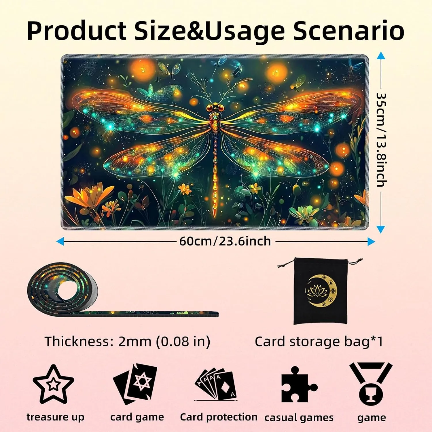 for MTG Playmat in Storage Bag, Commander Board Game Play Mat Desk Pad, Hand-Painted Stitched Edges Aged Map 23.6x13.8 in,Ideal for TCG/MTG/CCG/RPG Game Playmat, Enchanting Dragonfly