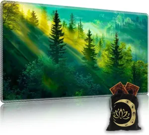 for MTG Playmat in Storage Bag, Commander Board Game Play Mat Desk Pad, Hand-Painted Stitched Edges Aged Map 23.6x13.8 in,Ideal for TCG/MTG/CCG/RPG Game Playmat, Forest Morning Light