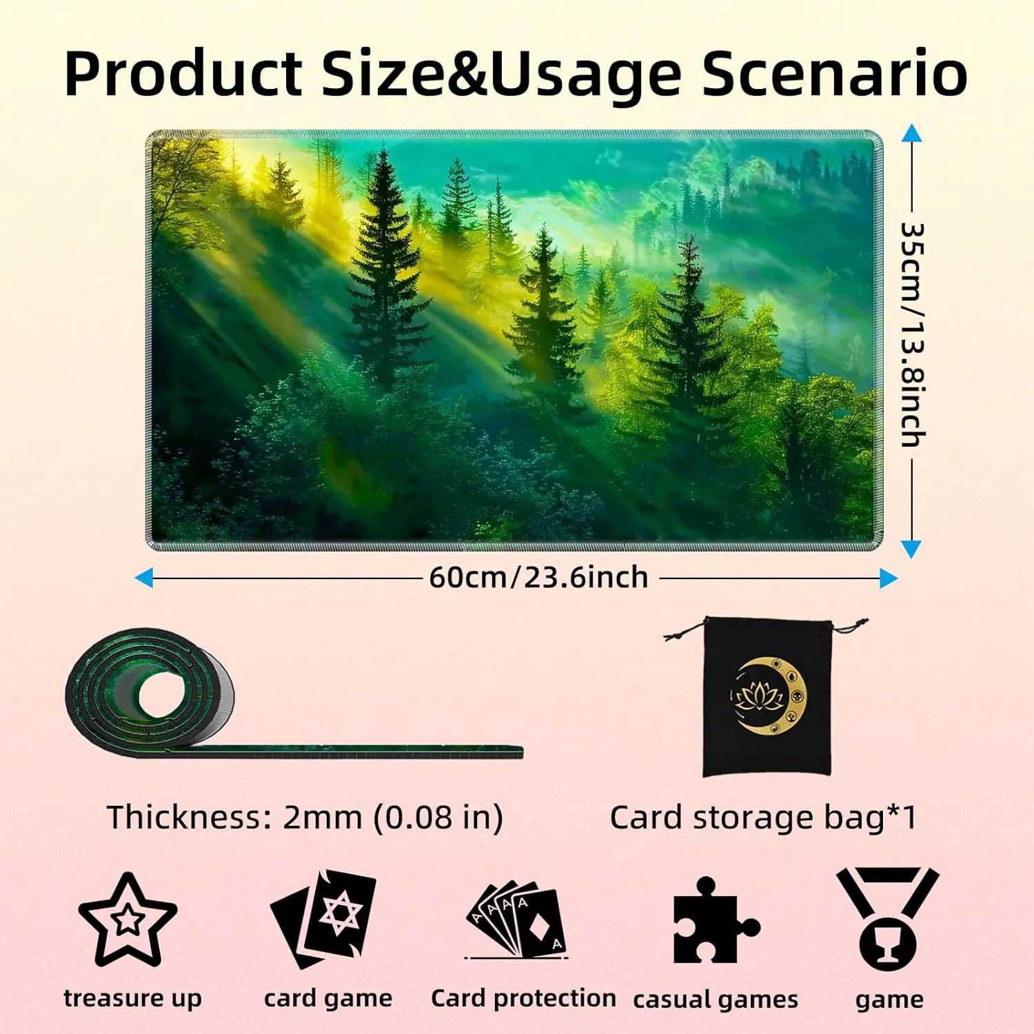 for MTG Playmat in Storage Bag, Commander Board Game Play Mat Desk Pad, Hand-Painted Stitched Edges Aged Map 23.6x13.8 in,Ideal for TCG/MTG/CCG/RPG Game Playmat, Forest Morning Light