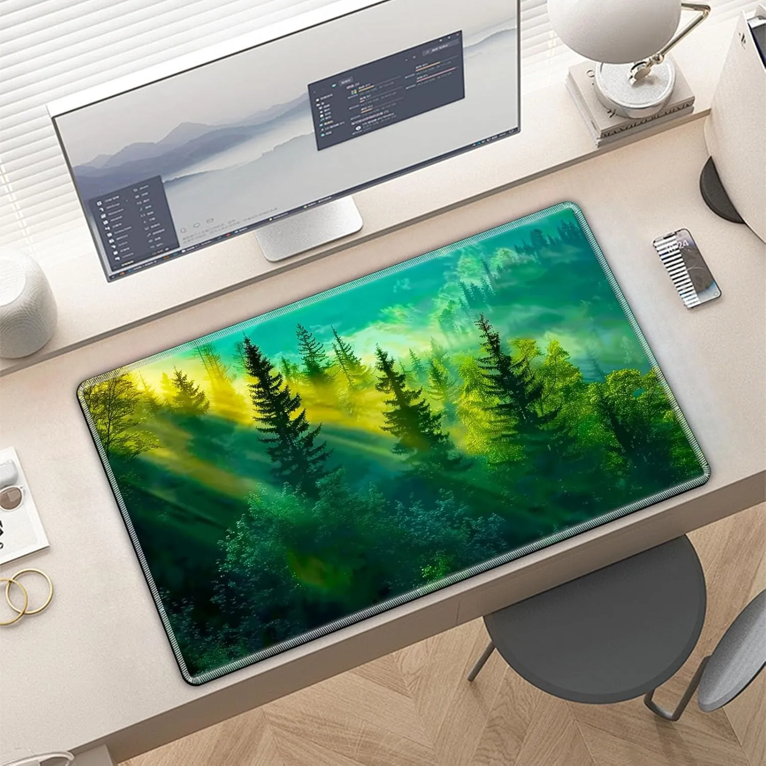for MTG Playmat in Storage Bag, Commander Board Game Play Mat Desk Pad, Hand-Painted Stitched Edges Aged Map 23.6x13.8 in,Ideal for TCG/MTG/CCG/RPG Game Playmat, Forest Morning Light